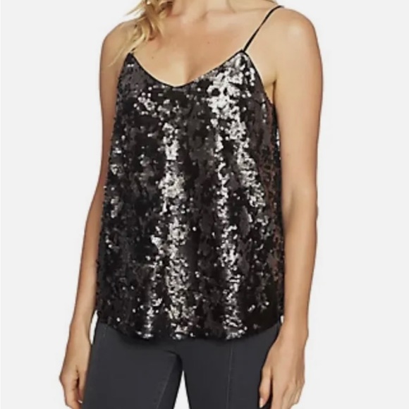 1.State Sequin Cami Top Size XS Black Silver Sparkly Spaghetti Strap Tank Womens - Picture 3 of 5